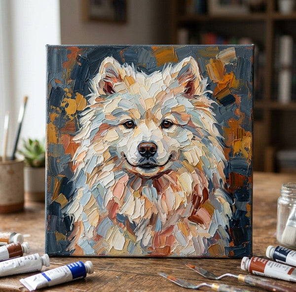 Abstract Pet Portrait Painting, Samoyed Dog Portrait, Hand Painted Canvas Art, Impasto Artwork, Original Acrylic Paintings, Heavy Texture Painting, Small Art on Canvas-Art Painting Canvas