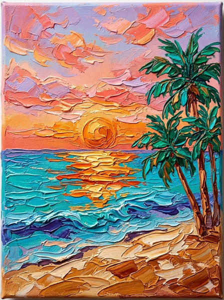 Hand Painted Canvas Art, Small Art on Canvas, Seashore Palm Tree Sunset Painting, Original Acrylic Paintings, Impasto Artwork, Heavy Texture Painting, Original Lanscape Art-Art Painting Canvas