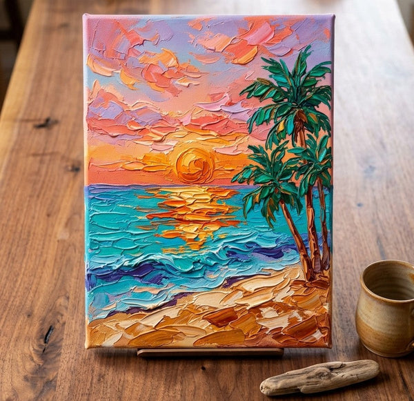 Hand Painted Canvas Art, Small Art on Canvas, Seashore Palm Tree Sunset Painting, Original Acrylic Paintings, Impasto Artwork, Heavy Texture Painting, Original Lanscape Art-Art Painting Canvas