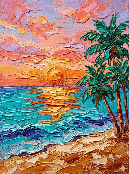 Hand Painted Canvas Art, Small Art on Canvas, Seashore Palm Tree Sunset Painting, Original Acrylic Paintings, Impasto Artwork, Heavy Texture Painting, Original Lanscape Art-Art Painting Canvas