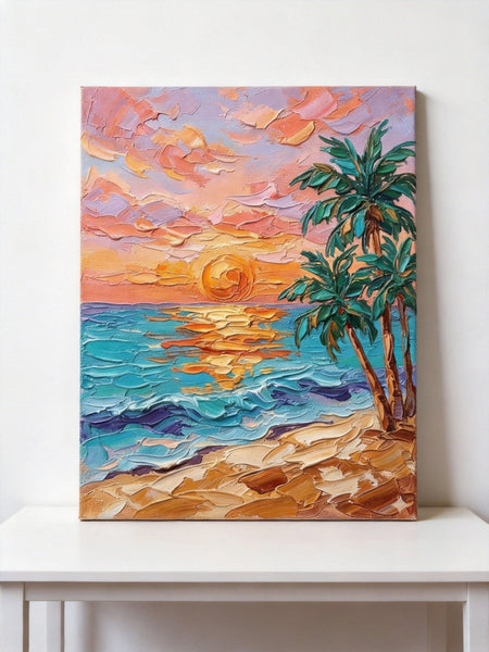 Hand Painted Canvas Art, Small Art on Canvas, Seashore Palm Tree Sunset Painting, Original Acrylic Paintings, Impasto Artwork, Heavy Texture Painting, Original Lanscape Art-Art Painting Canvas
