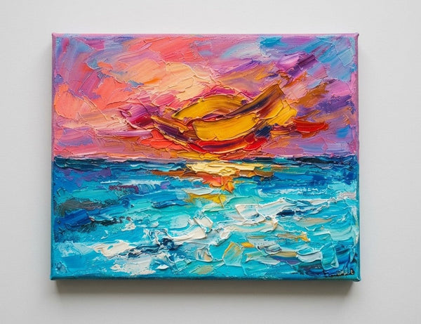 Small Art on Canvas, Seashore Sunset Painting, Hand Painted Canvas Art, Original Acrylic Paintings, Impasto Artwork, Heavy Texture Painting-Art Painting Canvas