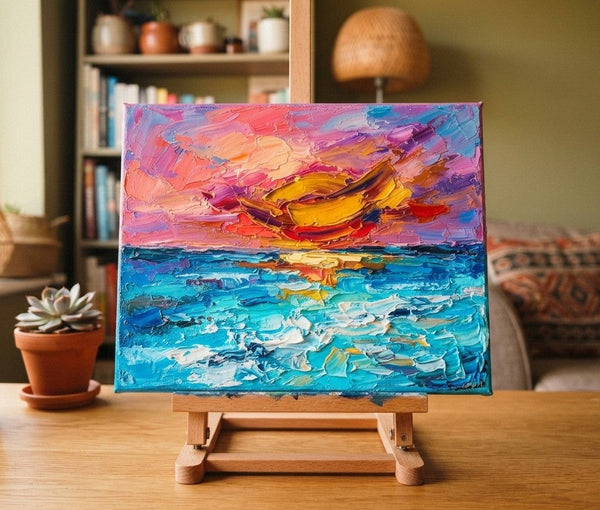 Small Art on Canvas, Seashore Sunset Painting, Hand Painted Canvas Art, Original Acrylic Paintings, Impasto Artwork, Heavy Texture Painting-Art Painting Canvas