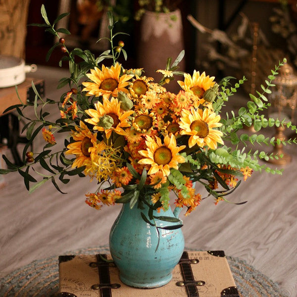 Large Bunch of Yellow Sunflowers, Unique Floral Arrangement for Home Decoration, Table Centerpiece, Real Touch Artificial Flowers for Living Room-Art Painting Canvas