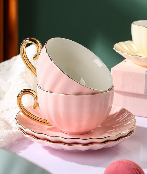 French Style Tea Cup and Saucer in Gift Box as Birthday Gift, Elegant Macaroon Ceramic Coffee Cups, Porcelain Tea Cup Saucer Set of 2 Cups, Beautiful British Tea Cups-Art Painting Canvas