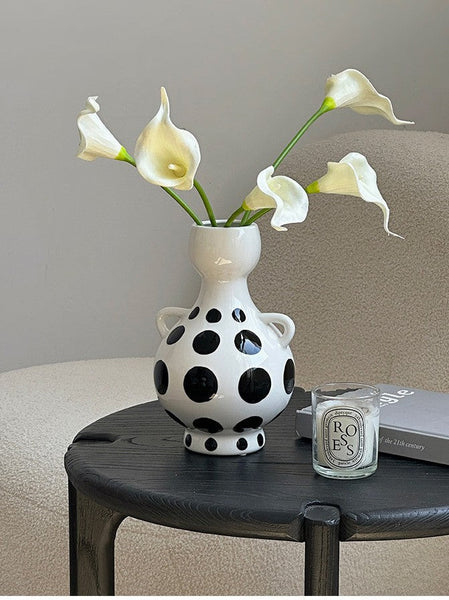 Ceramic Bud Vases, Small Flower Vases on Table, Black and White Polka Dot Flower Vase, Modern Porcelain Flower Vases, Handmade Water Holding Flower Vases-Art Painting Canvas