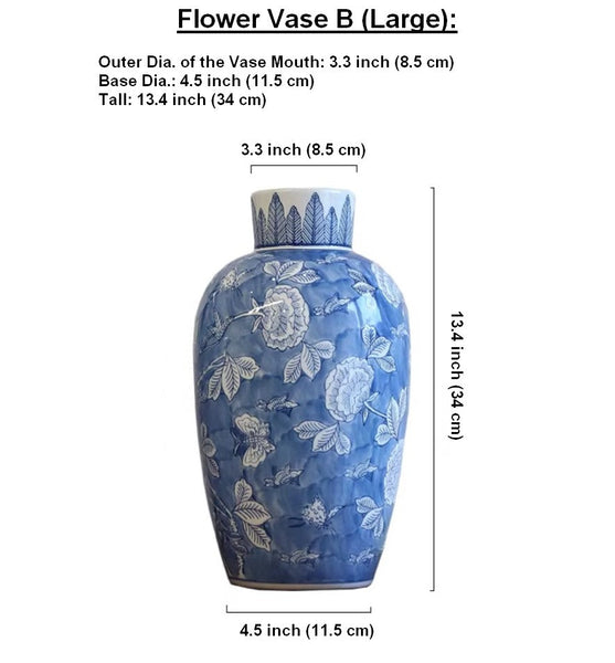 Centerpiece Ceramic Bouquet Vases, Handmade Modern Flower Vase, Large Flower Vases on Dining Table, Blue Porcelain Flower Vases-Art Painting Canvas