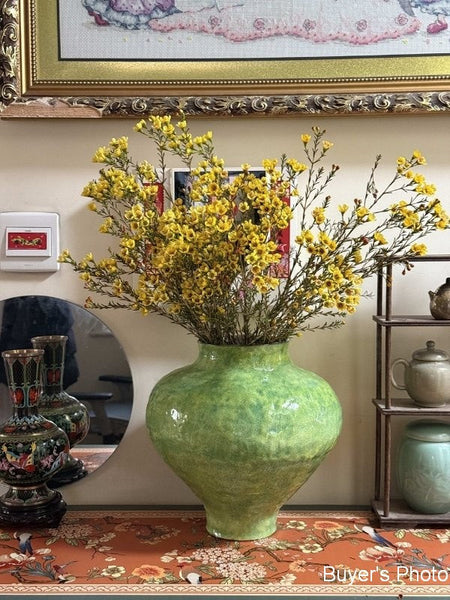 Centerpiece on Dining Table, Modern Pottery Flower Vases, Handmade Water Holding Flower Vases, Pottery Bud Vases, Large Green Flower Vases on Table-Art Painting Canvas