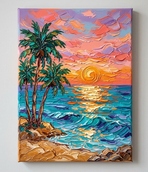 Small Art on Canvas, Seashore Palm Tree Sunset Painting, Hand Painted Canvas Art, Original Acrylic Paintings, Impasto Artwork, Heavy Texture Painting, Original Lanscape Art-Art Painting Canvas