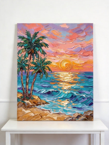 Small Art on Canvas, Seashore Palm Tree Sunset Painting, Hand Painted Canvas Art, Original Acrylic Paintings, Impasto Artwork, Heavy Texture Painting, Original Lanscape Art-Art Painting Canvas