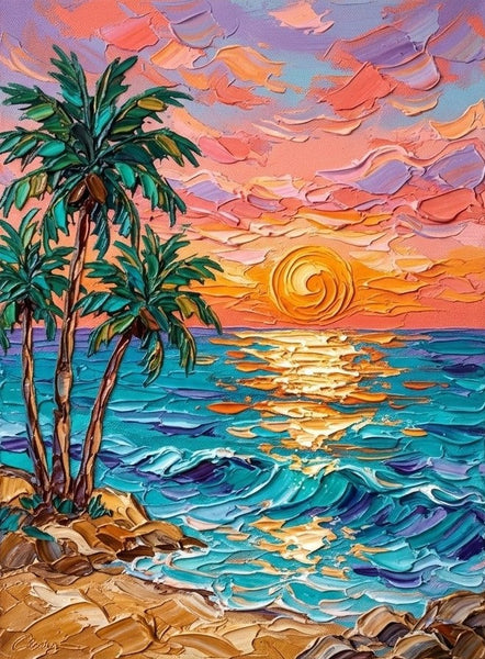 Small Art on Canvas, Seashore Palm Tree Sunset Painting, Hand Painted Canvas Art, Original Acrylic Paintings, Impasto Artwork, Heavy Texture Painting, Original Lanscape Art-Art Painting Canvas