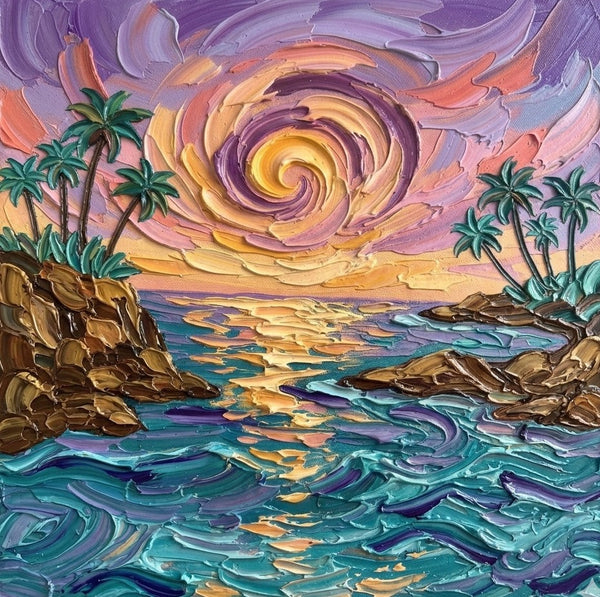 Hand Painted Canvas Art, Seashore Sunrise Paintings, Original Acrylic Paintings, Impasto Paintings, Heavy Texture Artwork-Art Painting Canvas