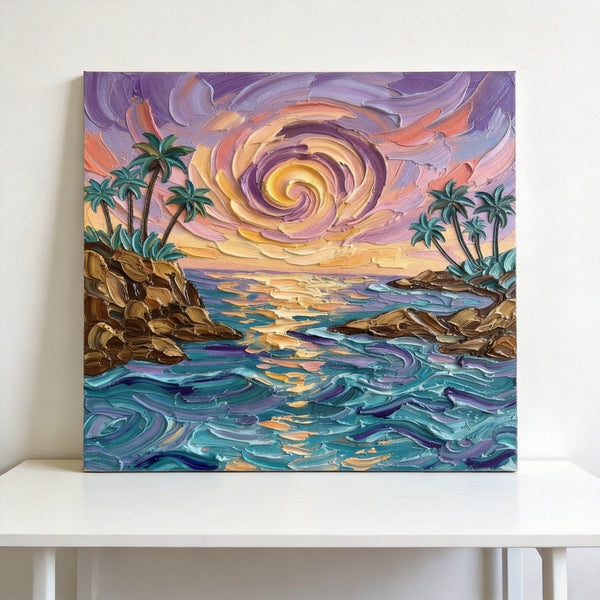 Hand Painted Canvas Art, Seashore Sunrise Paintings, Original Acrylic Paintings, Impasto Paintings, Heavy Texture Artwork-Art Painting Canvas
