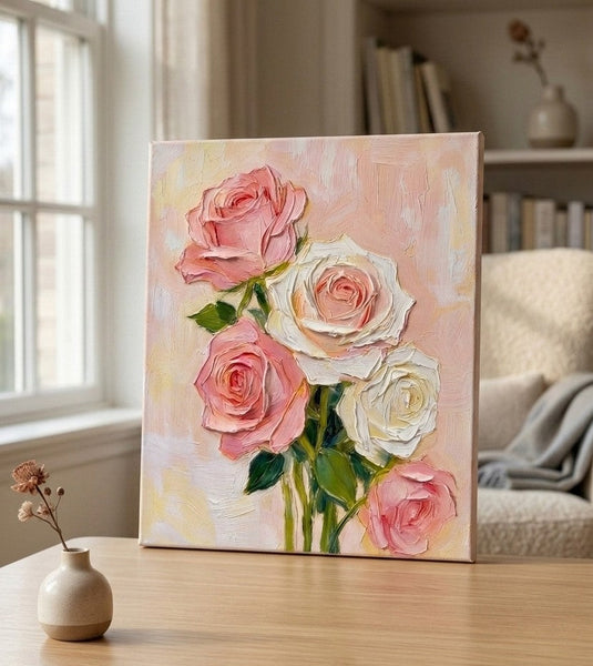 Original Still Life Paintings, Heavy Texture Canvas Art, Pink Rose Flower Painting, Original Flower Paintings, Small Canvas Artwork-Art Painting Canvas