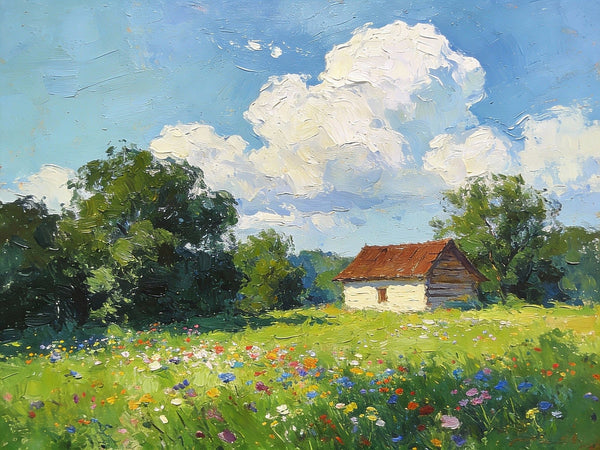Cottage on the Green, Under an Open Sky, Hand Painted Canvas Art, On Canvas Small Paintings, Small Landscape Paintings, Original Oil Paintings, Small Paintings As Birthday Gift-Art Painting Canvas