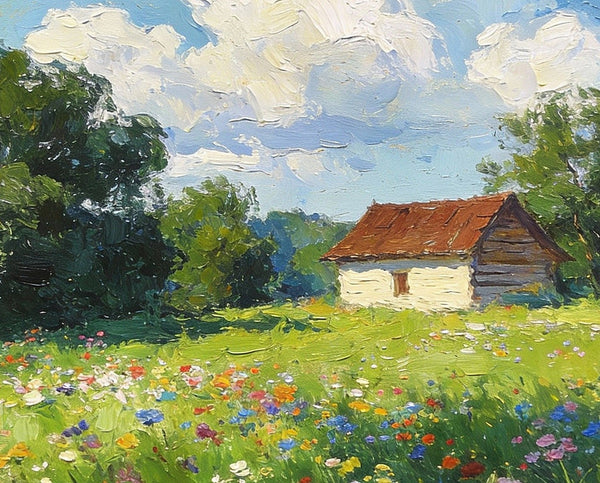 Cottage on the Green, Under an Open Sky, Hand Painted Canvas Art, On Canvas Small Paintings, Small Landscape Paintings, Original Oil Paintings, Small Paintings As Birthday Gift-Art Painting Canvas