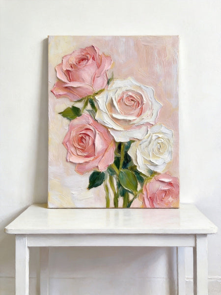 Original Still Life Paintings, Heavy Texture Canvas Art, Pink Rose Flower Painting, Original Flower Paintings, Small Canvas Artwork-Art Painting Canvas