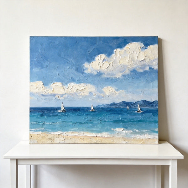 Small Art on Canvas, Sail Boats at Sea Painting, Original Acrylic Paintings, Impasto Artwork, Heavy Texture Painting, Hand Painted Canvas Art-Art Painting Canvas