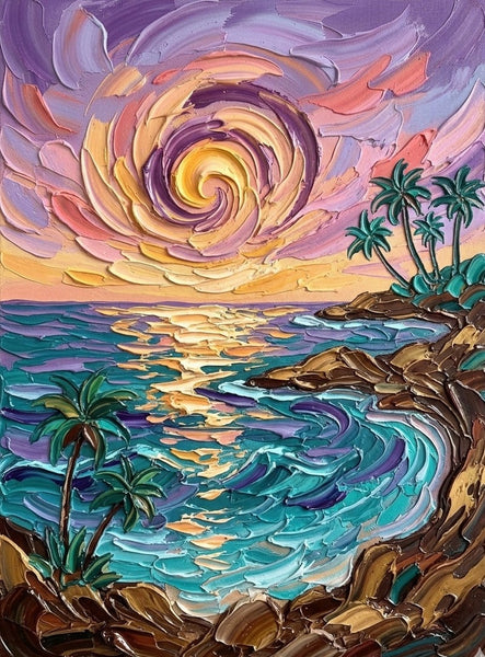 Small Art on Canvas, Seashore Palm Tree Sunrise Painting, Hand Painted Canvas Art, Original Acrylic Paintings, Impasto Artwork, Heavy Texture Painting, Original Lanscape Art-Art Painting Canvas