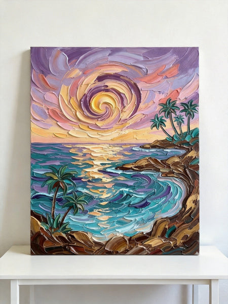 Small Art on Canvas, Seashore Palm Tree Sunrise Painting, Hand Painted Canvas Art, Original Acrylic Paintings, Impasto Artwork, Heavy Texture Painting, Original Lanscape Art-Art Painting Canvas