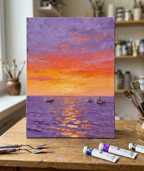 Impasto Artwork, Sail Boats Sunset Painting, Small Art on Canvas, Original Acrylic Paintings, Heavy Texture Painting, Hand Painted Canvas Art-Art Painting Canvas