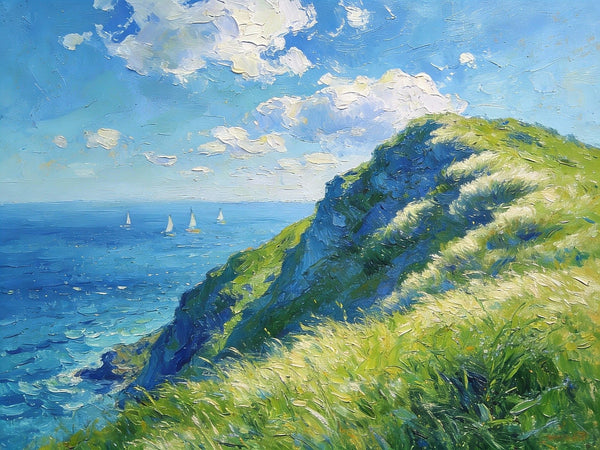 Hillside by the Sea, Swept by the Wind, Small Landscape Paintings, Small Oil Paintings on Canvas, Hand Painted Canvas Art,Heavy Texture Artwork, Original Oil Paintings-Art Painting Canvas