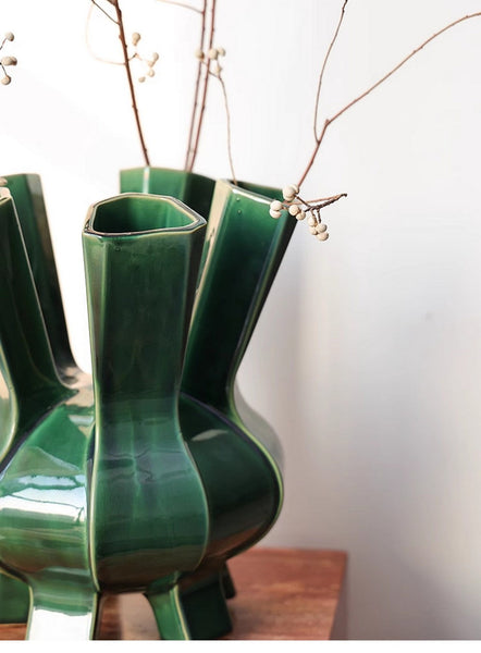 Unique Handmade Modern Flower Vase, Centerpiece Ceramic Bouquet Vases, Contemporary Vases on Dining Table, Green Porcelain Vases for Modern Home Decor-Art Painting Canvas