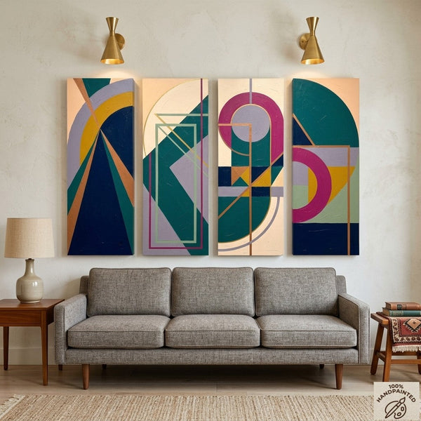 Large Modern Contemporary Paintings, Hand Painted Canvas Art, Multi Panel Wall Art Paintings, Geometric Abstract Artwork-Art Painting Canvas