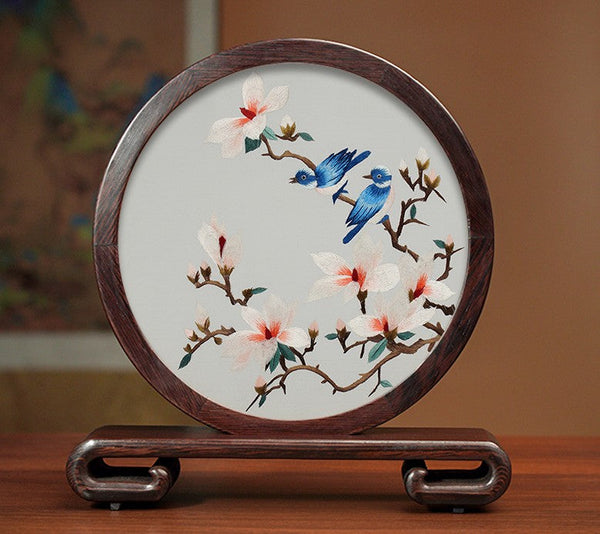 Traditional Chinese Suzhou Silk Embroidered Ornament, Premium Souvenir, Exclusive Business Presents, Creative Birthday Gift, Flower and Birds Embroidery Ornaments-Art Painting Canvas