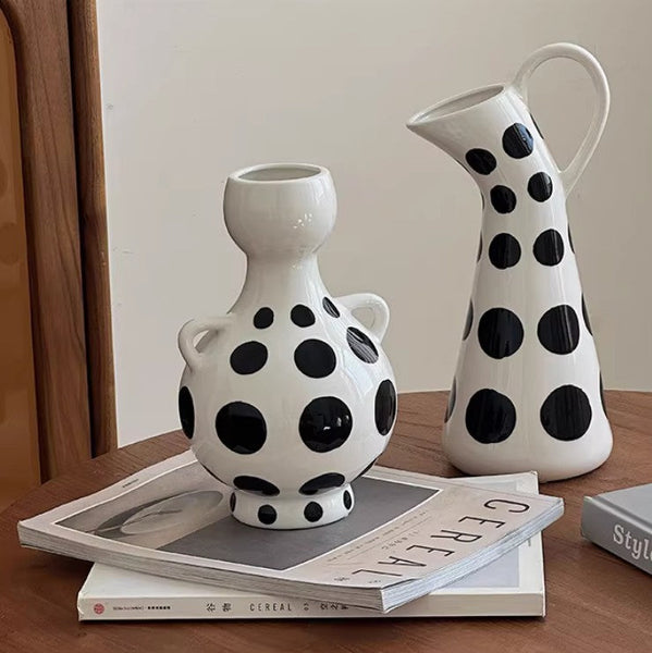 Ceramic Bud Vases, Small Flower Vases on Table, Black and White Polka Dot Flower Vase, Modern Porcelain Flower Vases, Handmade Water Holding Flower Vases-Art Painting Canvas