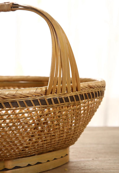 Natural Hand-woven Bamboo Basket, Extra Large Picnic Food Basket with Handle, Lovely Bamboo Baskets for Vegetable, Natural Fruit Basket Kitchen Storage Baskets-Art Painting Canvas