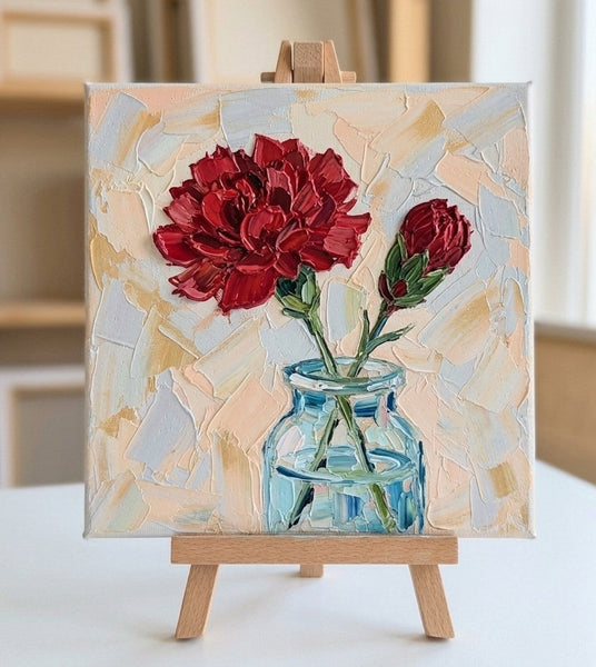Small Canvas Artwork, Hand Painted Canvas Art, Red Carnations in Glass Vase, Still Life Painting, Original Acrylic Flower Paintings, Impasto Artwork