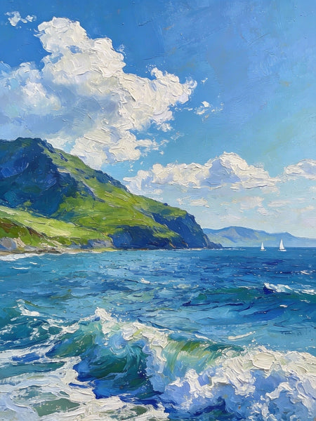Coastal View, Mountains, Sea, and Clouds, Landscape Small Paintings, Original Artwork Small Paintings, Hand Painted Wall Art, Heavy Texture Oil Paintings, On Canvas Small Paintings-Art Painting Canvas