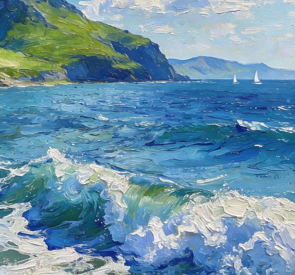 Coastal View, Mountains, Sea, and Clouds, Landscape Small Paintings, Original Artwork Small Paintings, Hand Painted Wall Art, Heavy Texture Oil Paintings, On Canvas Small Paintings-Art Painting Canvas
