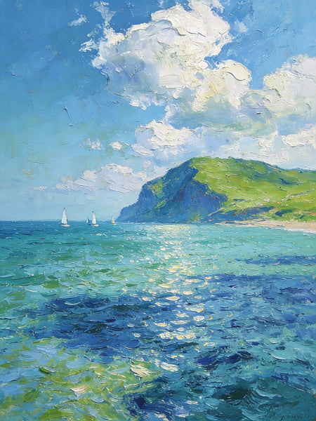 Sailboat in a Sheltered Bay, Landscape Small Paintings, Small Paintings on Wall, Original Small Paintings on Canvas, Heavy Texture Oil Paintings, Small Paintings on Canvas-Art Painting Canvas