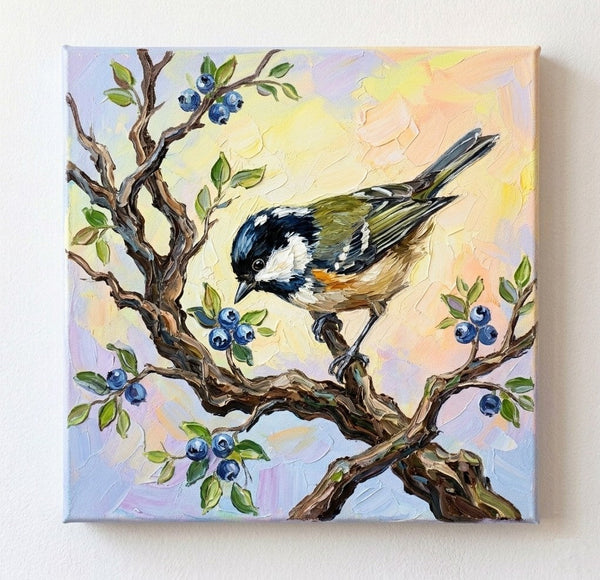 Titmice Bird Painting, Hand Painted Canvas Art, Small Art on Canvas, Original Acrylic Paintings, Impasto Artwork, Heavy Texture Painting, Ready to Hang-Art Painting Canvas