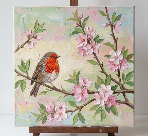 Abstract Robin Bird Painting, Original Acrylic Paintings, Impasto Artwork, Hand Painted Canvas Art, Small Art on Canvas, Heavy Texture Painting, Ready to Hang-Art Painting Canvas
