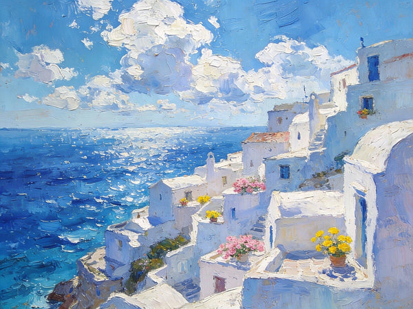 Summer's Day on the Aegean Blue Sea, Palette Knife Artwork, Small Landscape Paintings, Original Oil Paintings, Small Oil Paintings on Canvas, Hand Painted Canvas Art-Art Painting Canvas