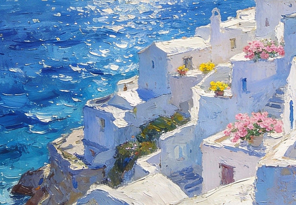 Summer's Day on the Aegean Blue Sea, Palette Knife Artwork, Small Landscape Paintings, Original Oil Paintings, Small Oil Paintings on Canvas, Hand Painted Canvas Art-Art Painting Canvas