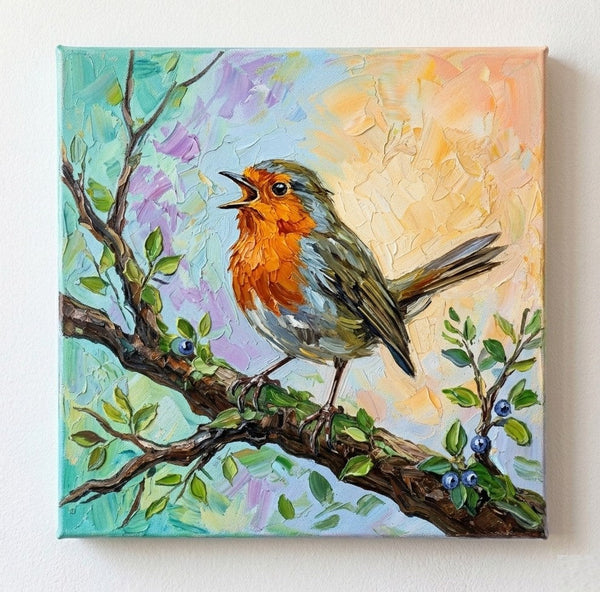 Original Acrylic Paintings, Impasto Artwork, Abstract Robin Bird Painting, Hand Painted Canvas Art, Small Art on Canvas, Heavy Texture Painting, Ready to Hang-Art Painting Canvas