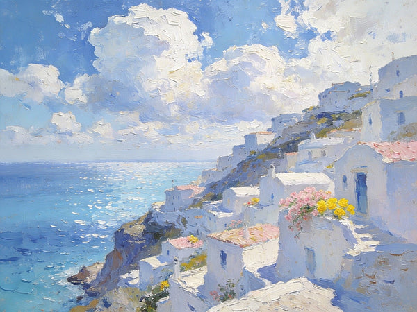 Santorini - White Villages by the Sea, Simple Painting Ideas, Small Wall Paintings, Landscape Canvas Paintings, On Canvas Small Paintings, Hand Painted Wall Art-Art Painting Canvas