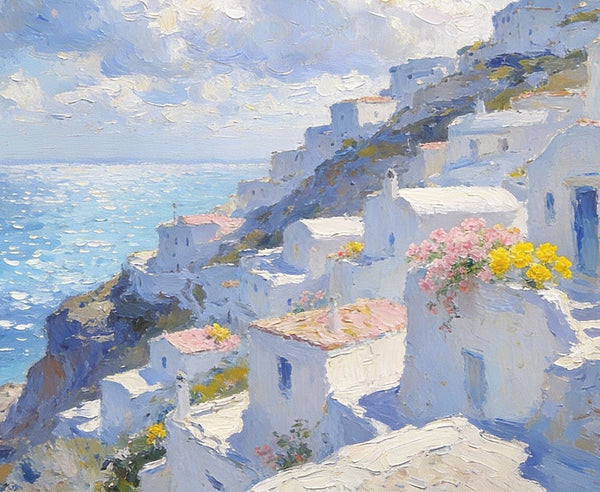 Santorini - White Villages by the Sea, Simple Painting Ideas, Small Wall Paintings, Landscape Canvas Paintings, On Canvas Small Paintings, Hand Painted Wall Art-Art Painting Canvas