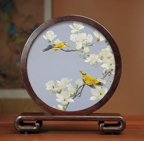 Creative Birthday Gift, Flower and Birds Embroidery Ornaments, Traditional Chinese Suzhou Silk Embroidered Ornament, Premium Souvenir, Exclusive Business Presents-Art Painting Canvas