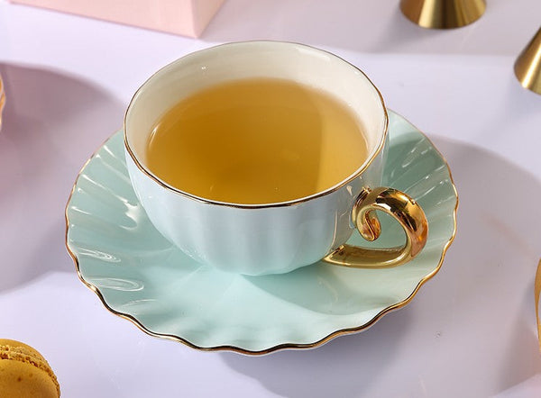 Handmade Beautiful British Tea Cups, Creative Porcelain Tea Cup Saucer Set of 2 Cups, Elegant Macaroon Ceramic Coffee Cups, 6.8 oz Tea Cup and Saucer in Gift Box as Birthday Gift-Art Painting Canvas