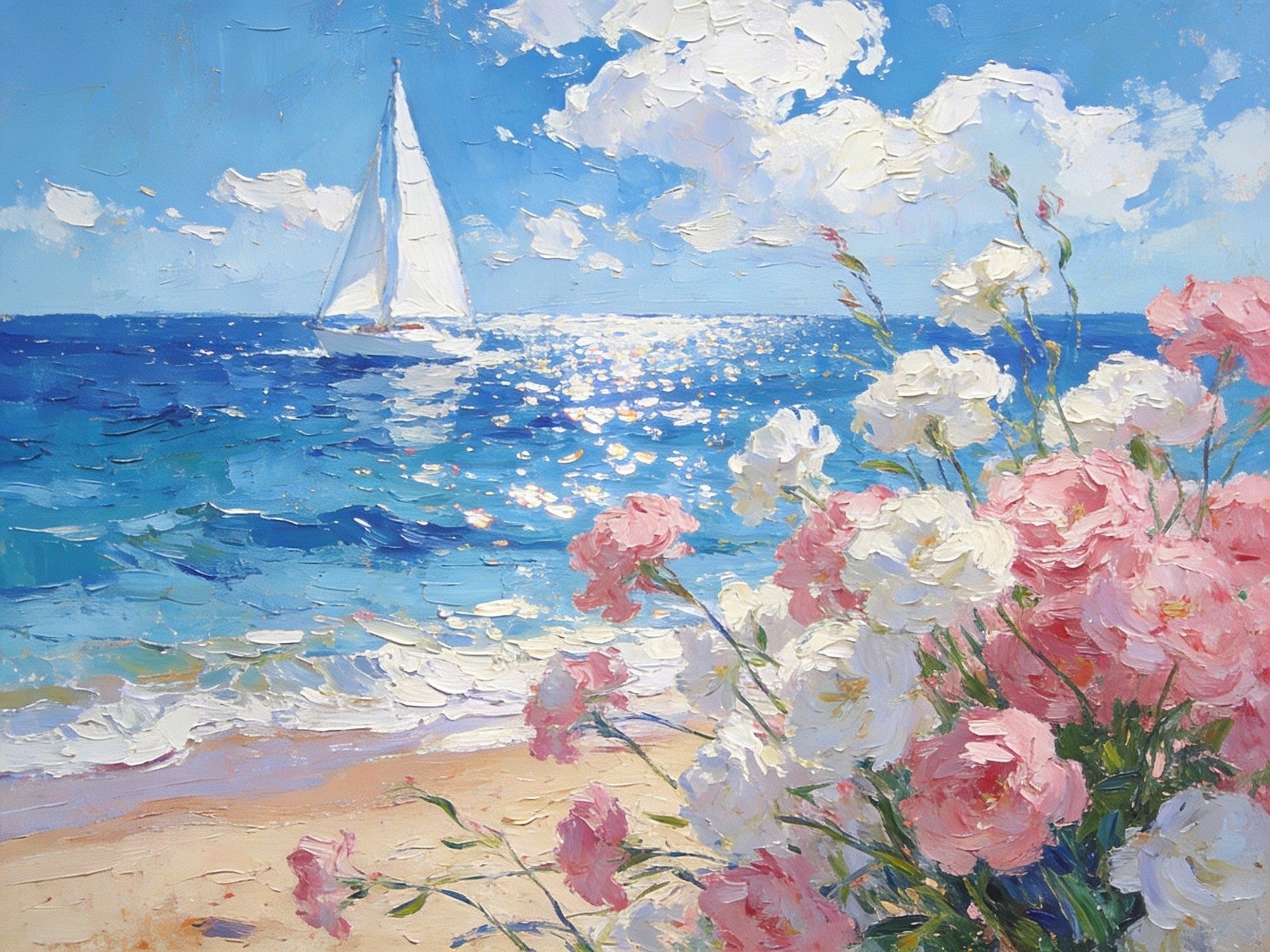 Blooms By The Shore A Sailboat S Journey Simple Painting Ideas, Coastal Floral Paradise Seascape With Flowers, Small Boho Beach Art For Bathroom, Ocean Breeze Wildflowers On Canvas, Nautical Sunset Sailing Painting