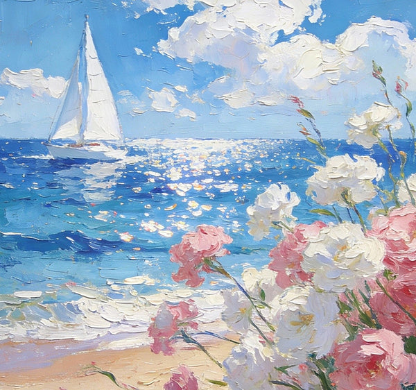 Blooms by the Shore, A Sailboat’s Journey, Simple Painting Ideas, Hand Painted Wall Art, Small Wall Paintings, Landscape Canvas Paintings, On Canvas Small Paintings-Art Painting Canvas
