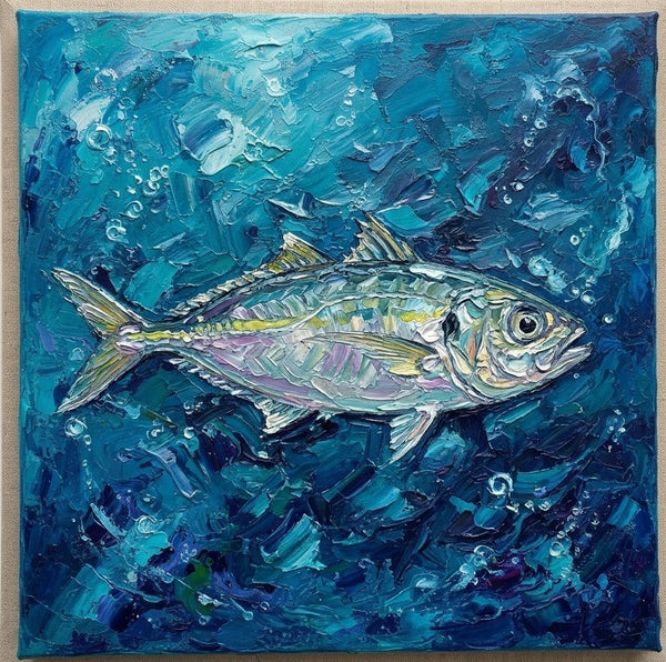 Small Art on Canvas, Blue Scad Fish Painting, Original Acrylic Paintings, Hand Painted Canvas Art, Heavy Texture Painting, Ready to Hang, Impasto Artwork-Art Painting Canvas