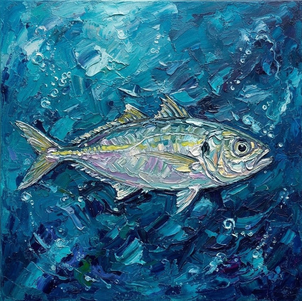 Small Art on Canvas, Blue Scad Fish Painting, Original Acrylic Paintings, Hand Painted Canvas Art, Heavy Texture Painting, Ready to Hang, Impasto Artwork-Art Painting Canvas