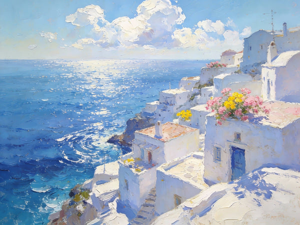 Small Wall Paintings, Santorini Impressions, White Villages by the Azure Sea, Simple Painting Ideas, Hand Painted Wall Art, Landscape Canvas Paintings, On Canvas Small Paintings-Art Painting Canvas