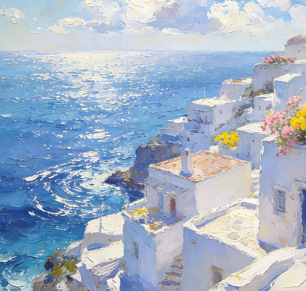 Small Wall Paintings, Santorini Impressions, White Villages by the Azure Sea, Simple Painting Ideas, Hand Painted Wall Art, Landscape Canvas Paintings, On Canvas Small Paintings-Art Painting Canvas